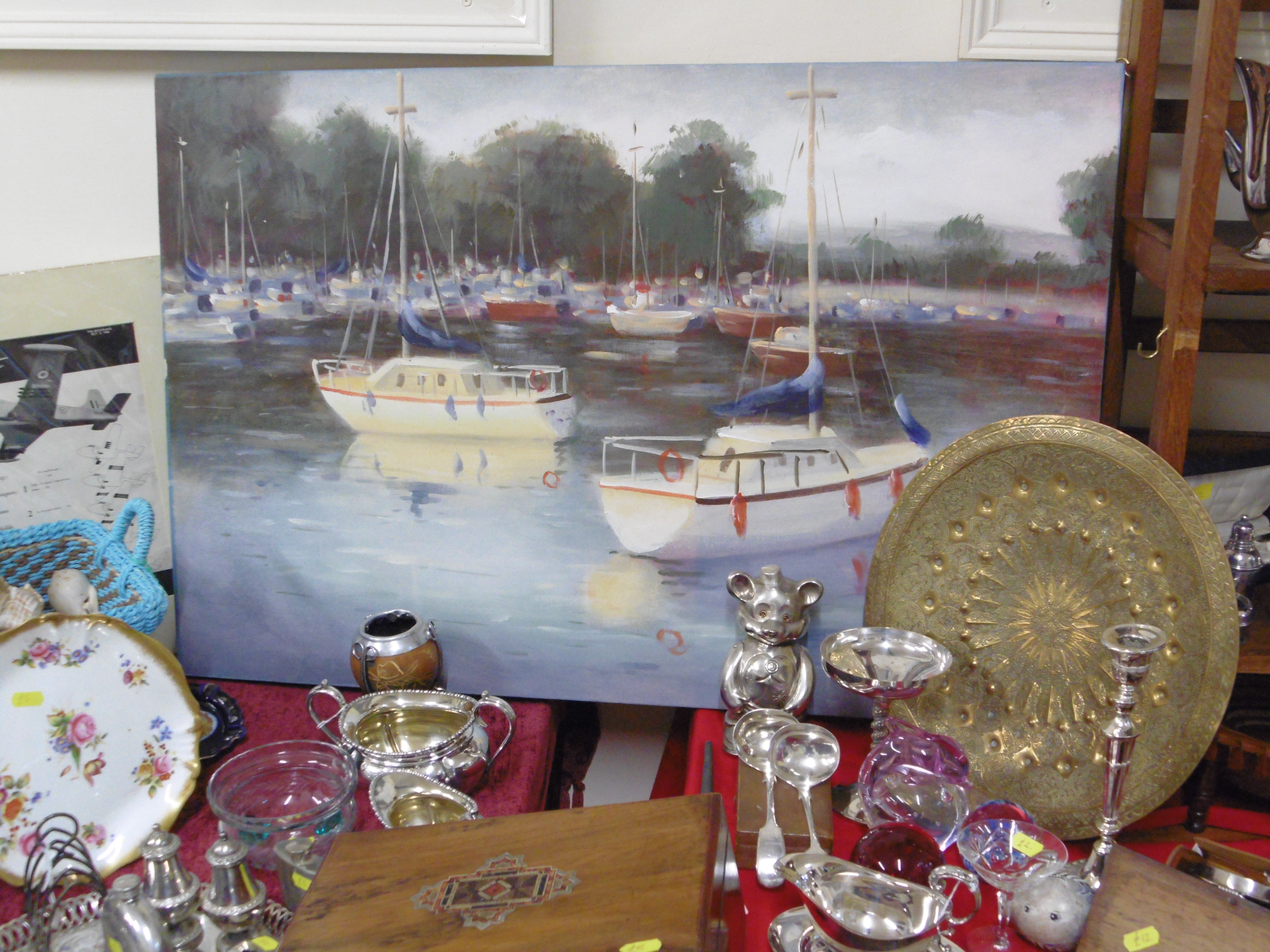 Modern picture of boats on an estuary, we sell antiques and collectables!
